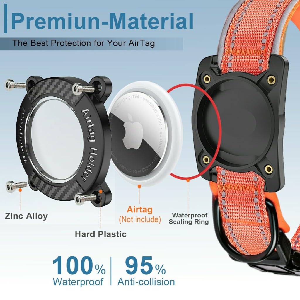 AgoumLux IP68 Waterproof AirTag Dog Collar, Reflective Adjustable Nylon Collar with Holder for Apple AirTag, Small Orange