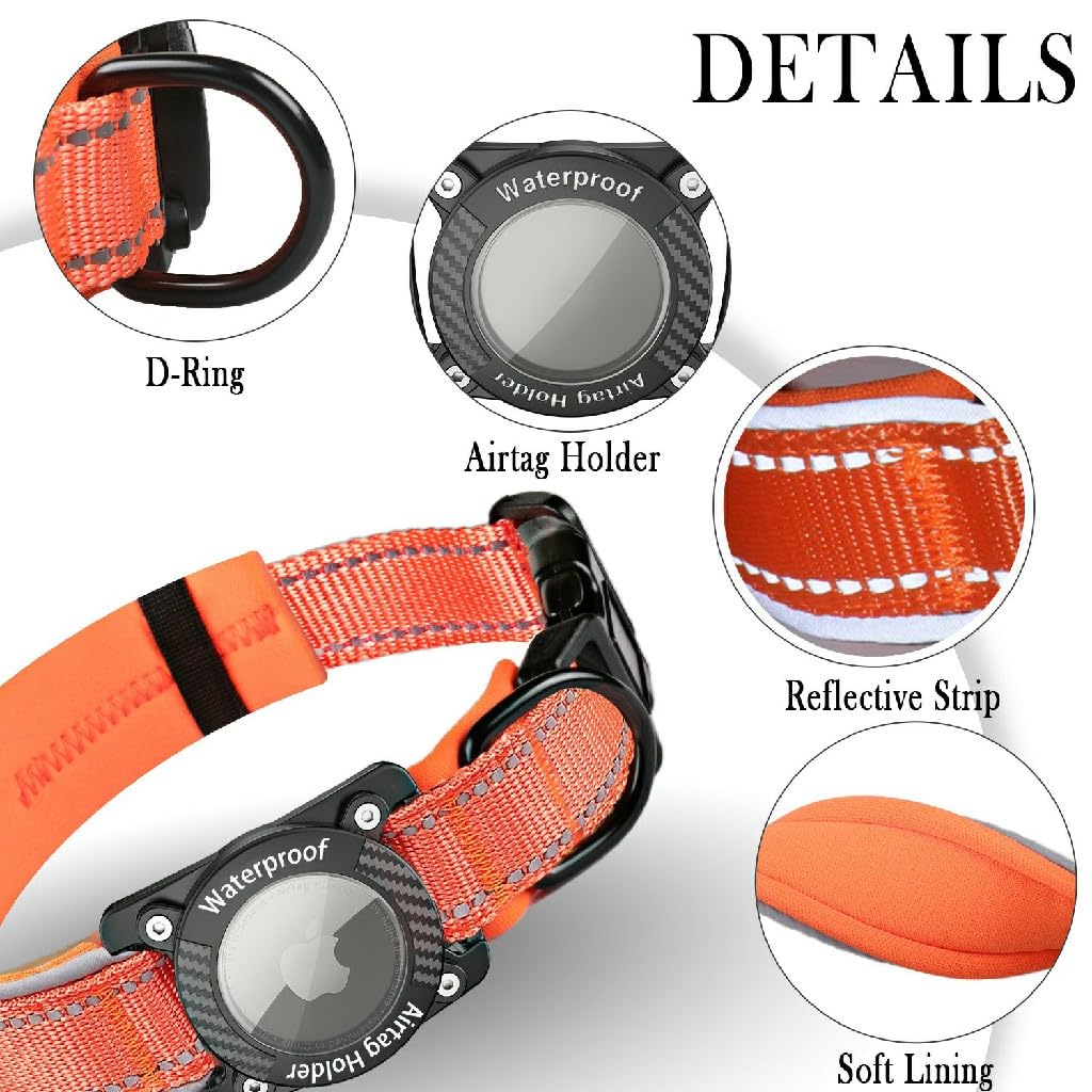AgoumLux IP68 Waterproof AirTag Dog Collar, Reflective Adjustable Nylon Collar with Holder for Apple AirTag, Small Orange