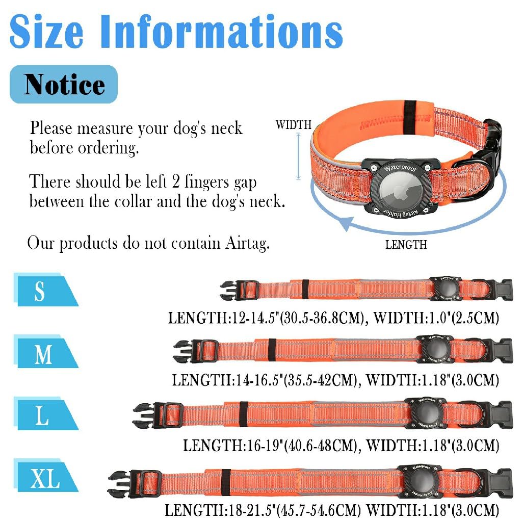 AgoumLux IP68 Waterproof AirTag Dog Collar, Reflective Adjustable Nylon Collar with Holder for Apple AirTag, Small Orange