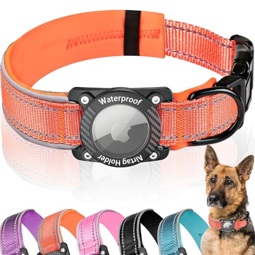 AgoumLux IP68 Waterproof AirTag Dog Collar, Reflective Adjustable Nylon Collar with Holder for Apple AirTag, Small Orange