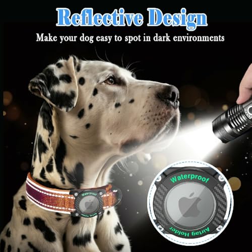 AgoumLux IP68 Waterproof AirTag Dog Collar, Reflective Adjustable Nylon Collar with Holder for Apple AirTag, Small Orange