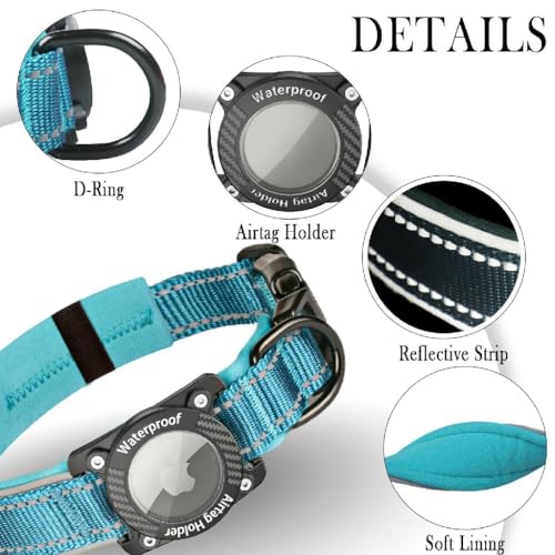 AgoumLux IP68 Waterproof AirTag Dog Collar with Reflective Strip, Soft Padded Nylon, Adjustable for Small to Large Dogs, Blue, Medium