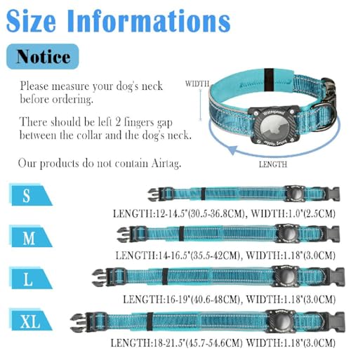 AgoumLux IP68 Waterproof AirTag Dog Collar with Reflective Strip, Soft Padded Nylon, Adjustable for Small to Large Dogs, Blue, Medium