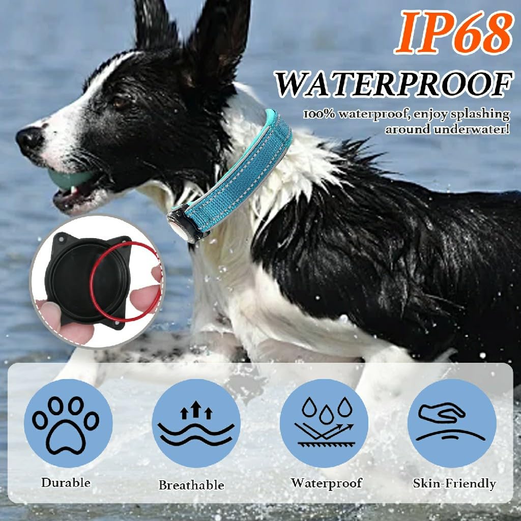 AgoumLux IP68 Waterproof AirTag Dog Collar with Reflective Strip, Soft Padded Nylon, Adjustable for Small to Large Dogs, Blue, Medium
