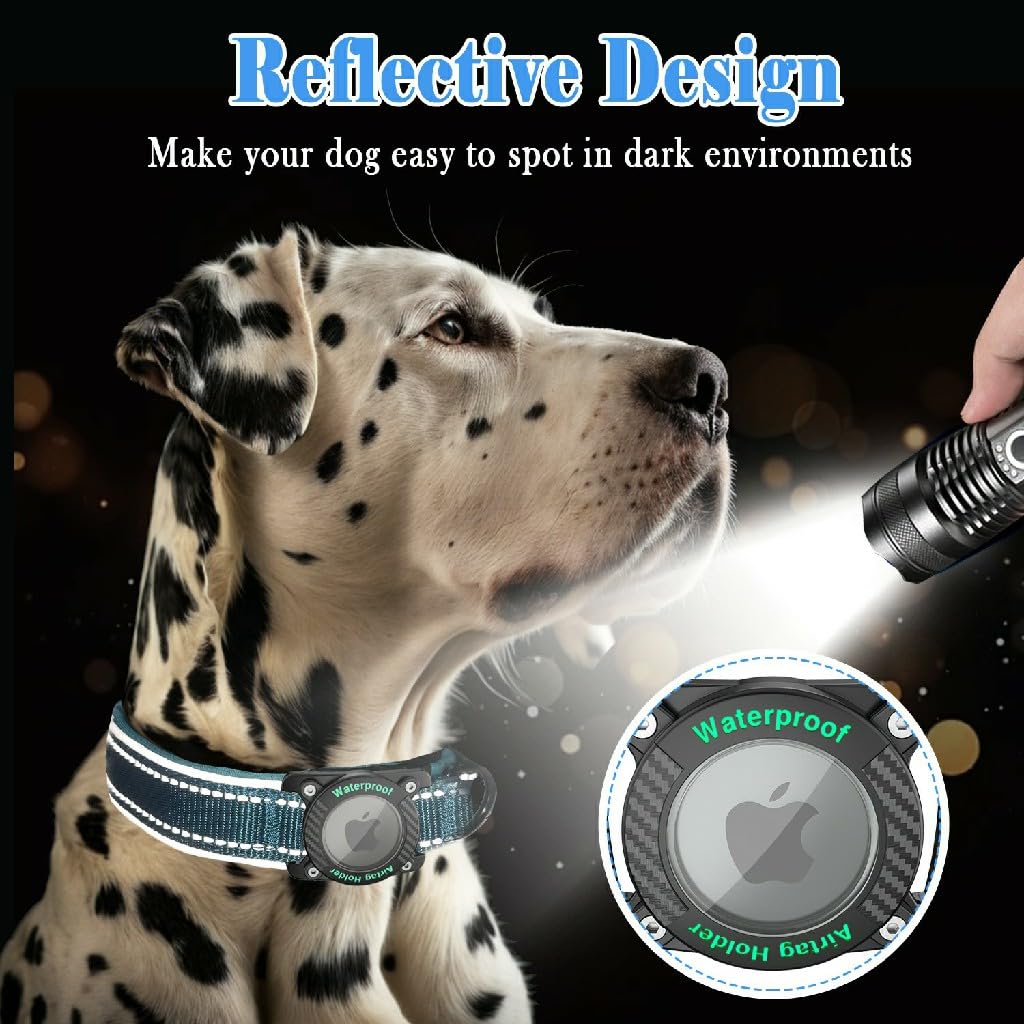 AgoumLux IP68 Waterproof AirTag Dog Collar with Reflective Strip, Soft Padded Nylon, Adjustable for Small to Large Dogs, Blue, Medium