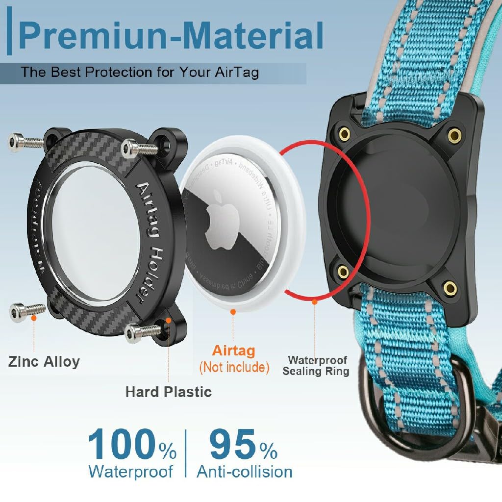 AgoumLux IP68 Waterproof AirTag Dog Collar with Reflective Strip, Soft Padded Nylon, Adjustable for Small to Large Dogs, Blue, Medium