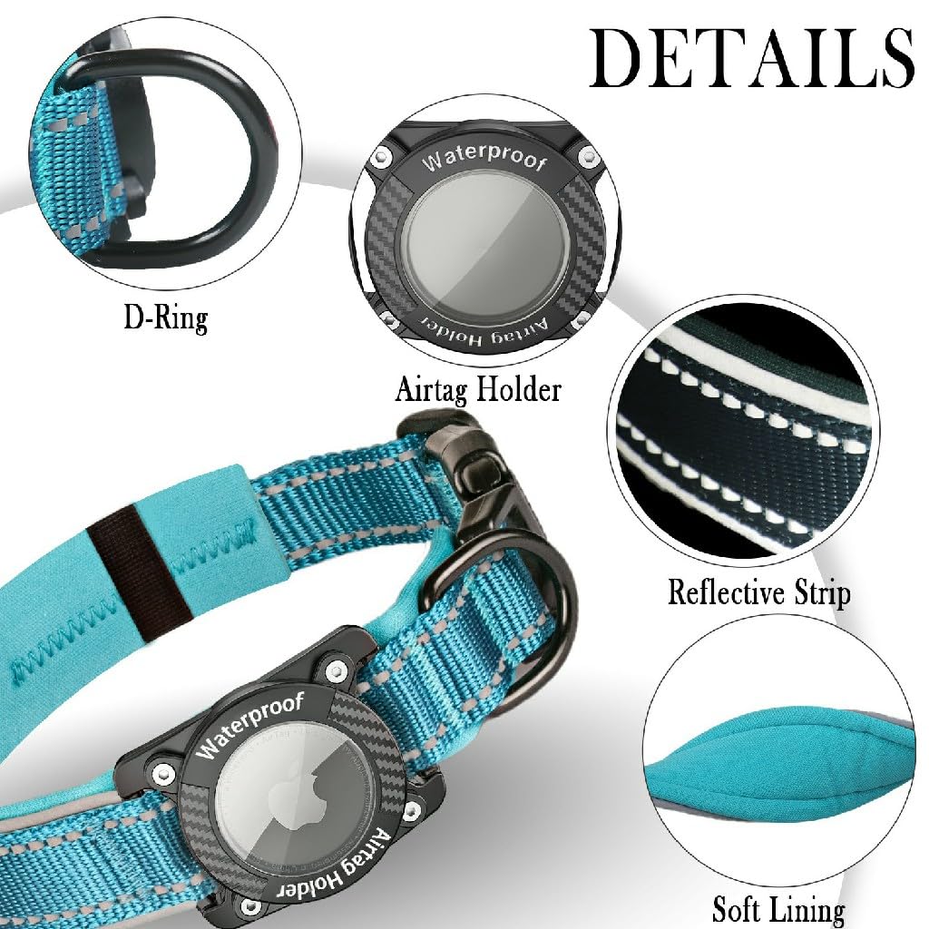 AgoumLux IP68 Waterproof AirTag Dog Collar with Reflective Strip, Soft Padded Nylon, Adjustable for Small to Large Dogs, Blue, Medium