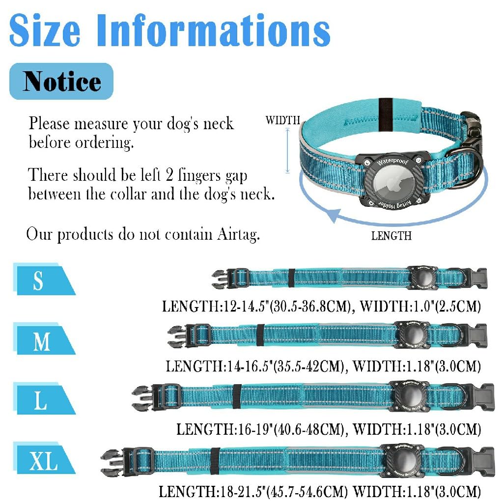 AgoumLux IP68 Waterproof AirTag Dog Collar with Reflective Strip, Soft Padded Nylon, Adjustable for Small to Large Dogs, Blue, Medium
