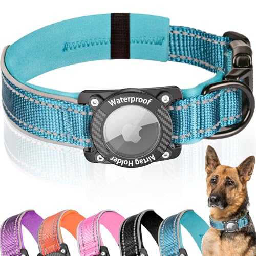 AgoumLux IP68 Waterproof AirTag Dog Collar with Reflective Strip, Soft Padded Nylon, Adjustable for Small to Large Dogs, Blue, Medium