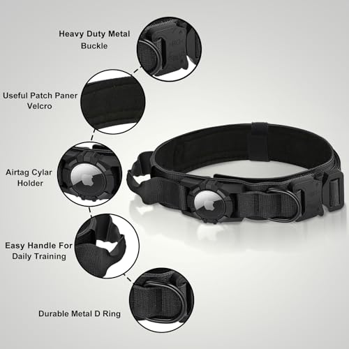 AGPETS Tactical AirTag Dog Collar - Heavy Duty Nylon with Control Handle for Large Dogs (Black, XL)