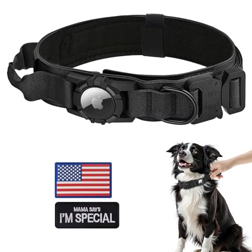 AGPETS Tactical AirTag Dog Collar - Heavy Duty Nylon with Control Handle for Large Dogs (Black, XL)