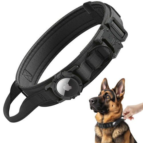 AGPETS Tactical AirTag Dog Collar - Heavy Duty Nylon with Control Handle for Large Dogs (Black, XL)