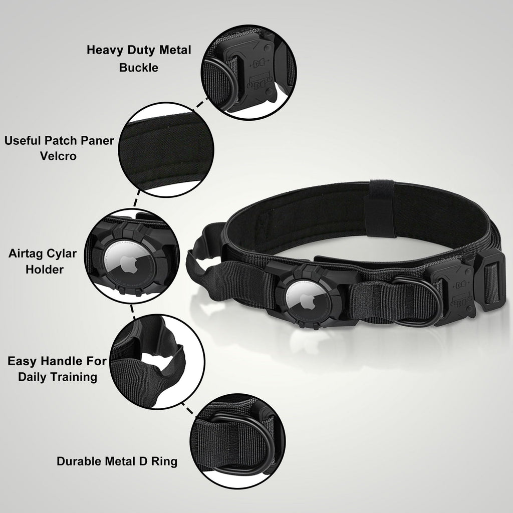 AGPETS Tactical AirTag Dog Collar - Heavy Duty Nylon with Control Handle for Large Dogs (Black, XL)