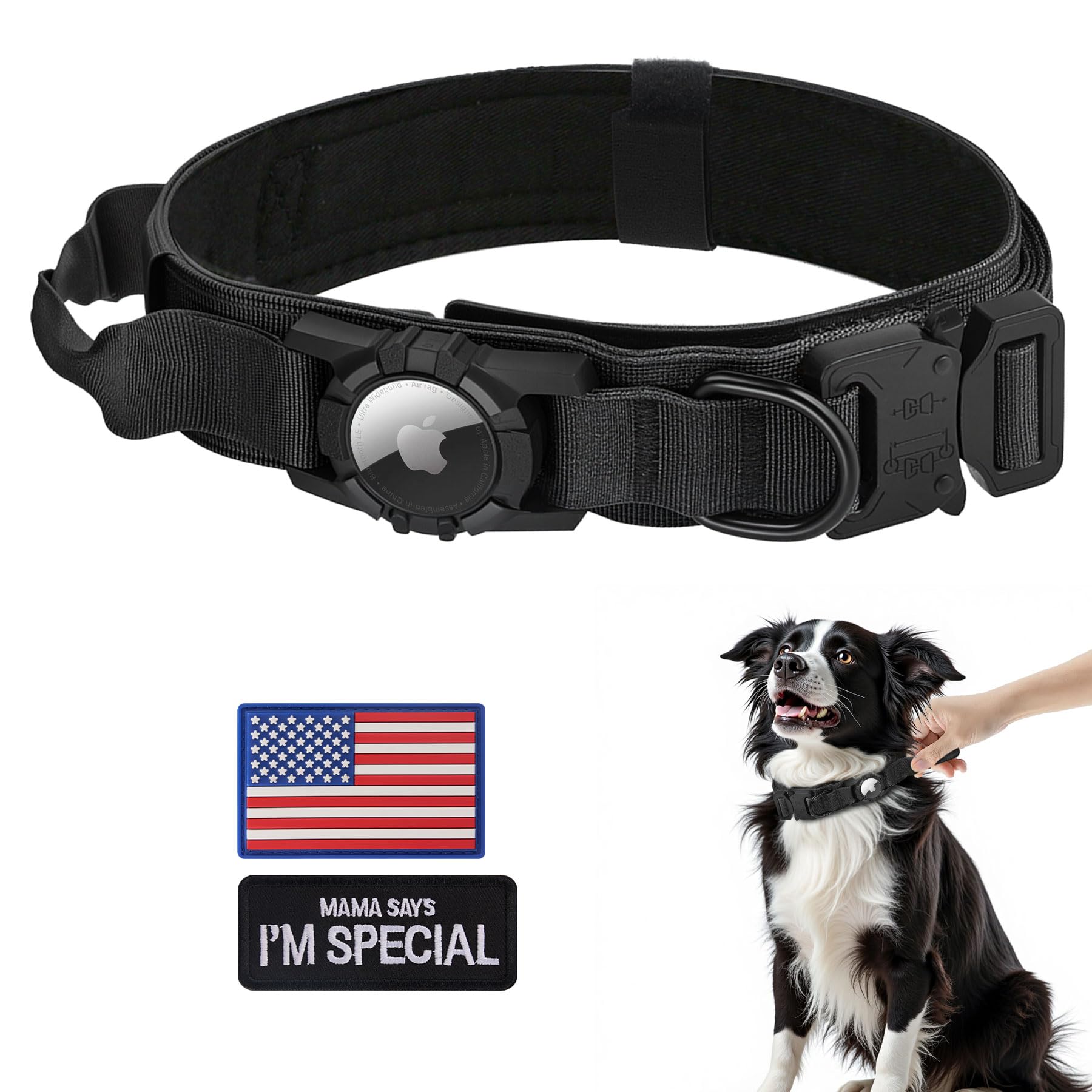 AGPETS Tactical AirTag Dog Collar - Heavy Duty Nylon with Control Handle for Large Dogs (Black, XL)