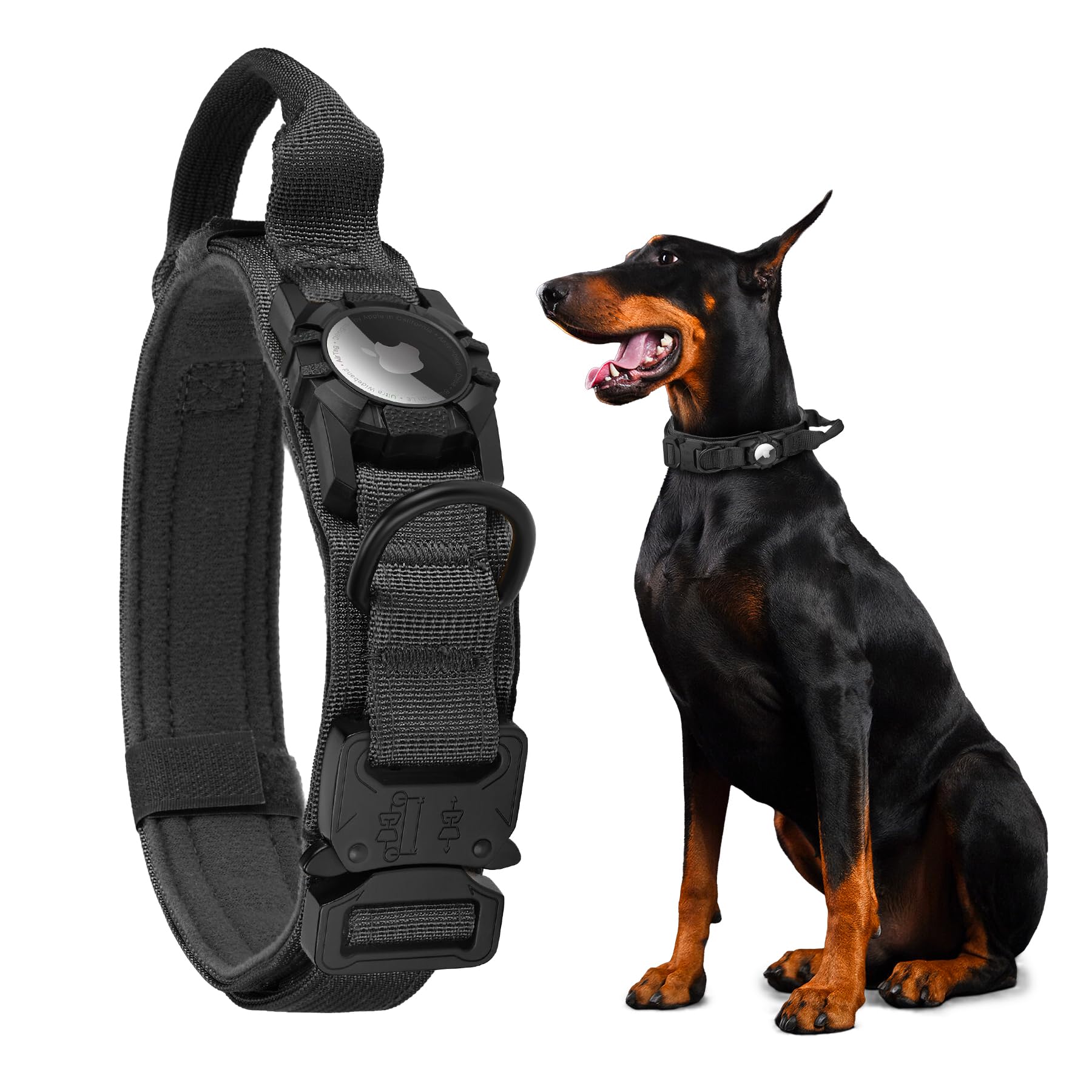 AGPETS Tactical AirTag Dog Collar - Heavy Duty Nylon with Control Handle for Large Dogs (Black, XL)