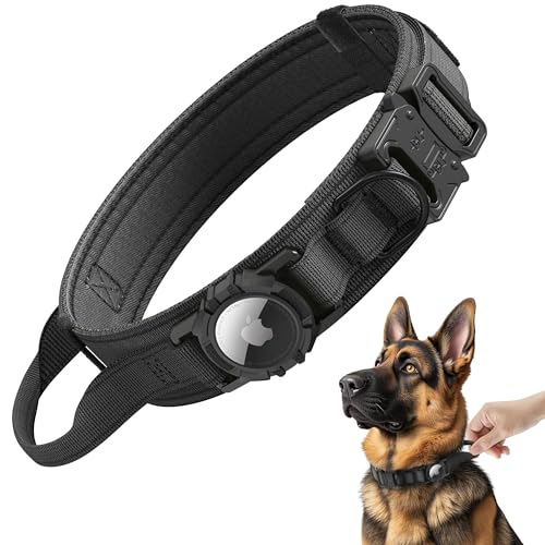 AGPETS Tactical AirTag Dog Collar - Heavy Duty Nylon with Control Handle for Large Dogs (Black, XL)