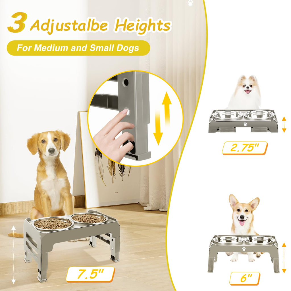 AIRMX Adjustable Raised Dog Bowl Stand – 3 Heights, Stainless Steel Bowls, Anti-Slip for Small Dogs