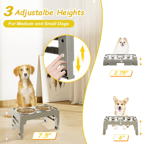 AIRMX Adjustable Raised Dog Bowl Stand – 3 Heights, Stainless Steel Bowls, Anti-Slip for Small Dogs