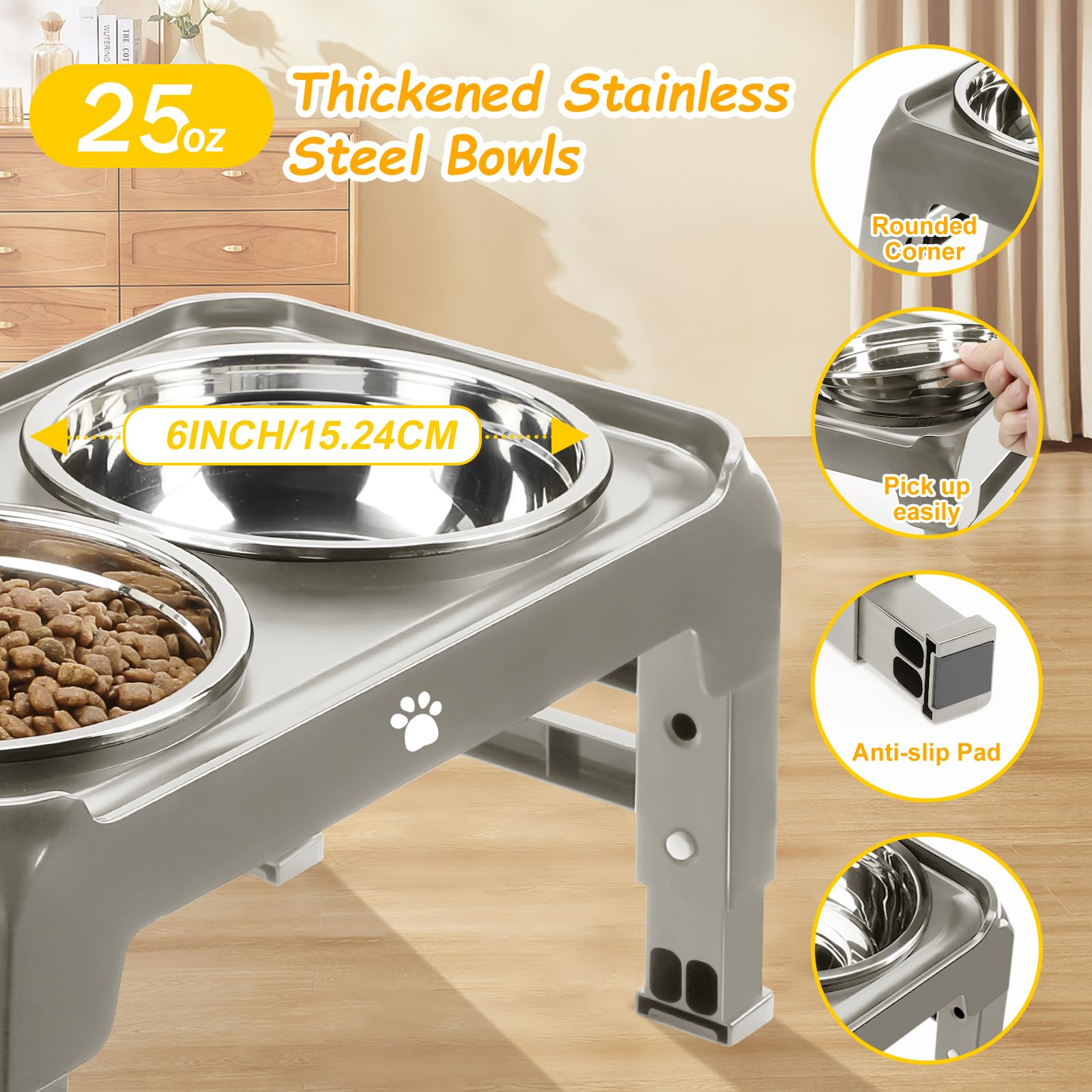 AIRMX Adjustable Raised Dog Bowl Stand – 3 Heights, Stainless Steel Bowls, Anti-Slip for Small Dogs