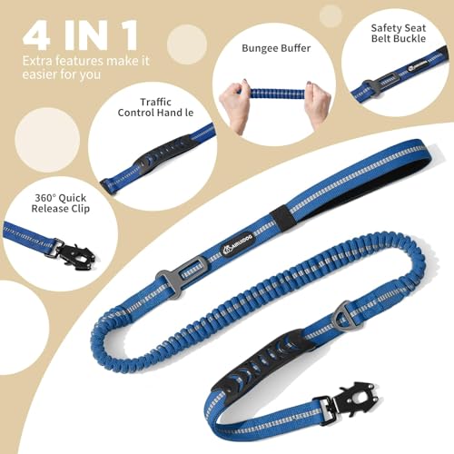 AIRUIDOG Blue Tactical Dog Leash 4-6FT: Shock Absorbing Bungee with Two Padded Handles & Metal Carabiner