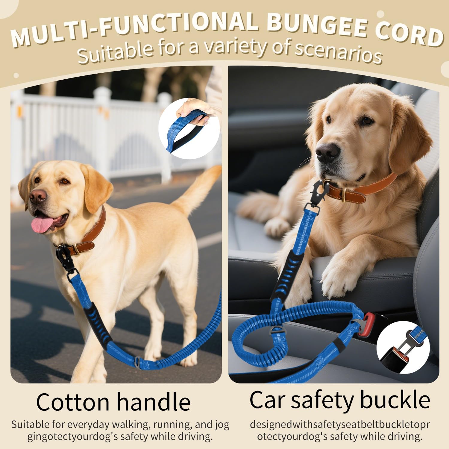 AIRUIDOG Blue Tactical Dog Leash 4-6FT: Shock Absorbing Bungee with Two Padded Handles & Metal Carabiner