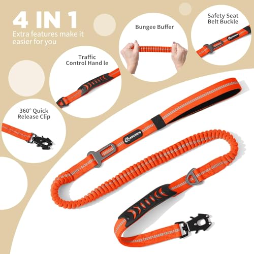 AIRUIDOG Heavy Duty Tactical Dog Leash - 4-6FT Shock Absorbing Bungee Lead with 2 Padded Handles, Metal Carabiner & Seatbelt Clip, Reflective No-Pull Leash for Medium/Large Dogs (Orange)