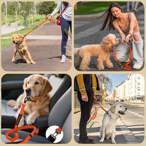 AIRUIDOG Heavy Duty Tactical Dog Leash - 4-6FT Shock Absorbing Bungee Lead with 2 Padded Handles, Metal Carabiner & Seatbelt Clip, Reflective No-Pull Leash for Medium/Large Dogs (Orange)
