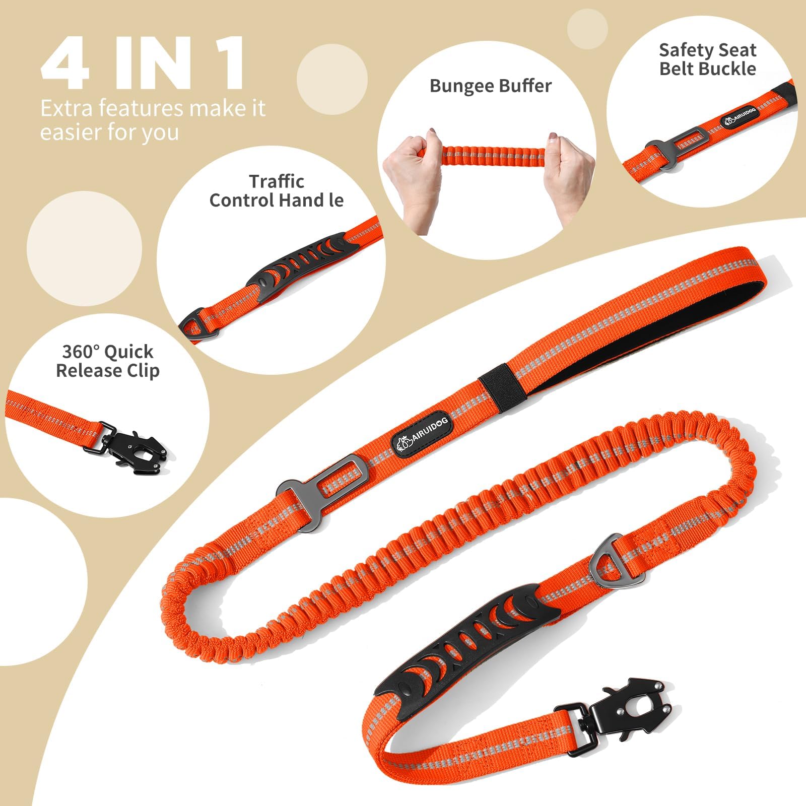AIRUIDOG Heavy Duty Tactical Dog Leash - 4-6FT Shock Absorbing Bungee Lead with 2 Padded Handles, Metal Carabiner & Seatbelt Clip, Reflective No-Pull Leash for Medium/Large Dogs (Orange)
