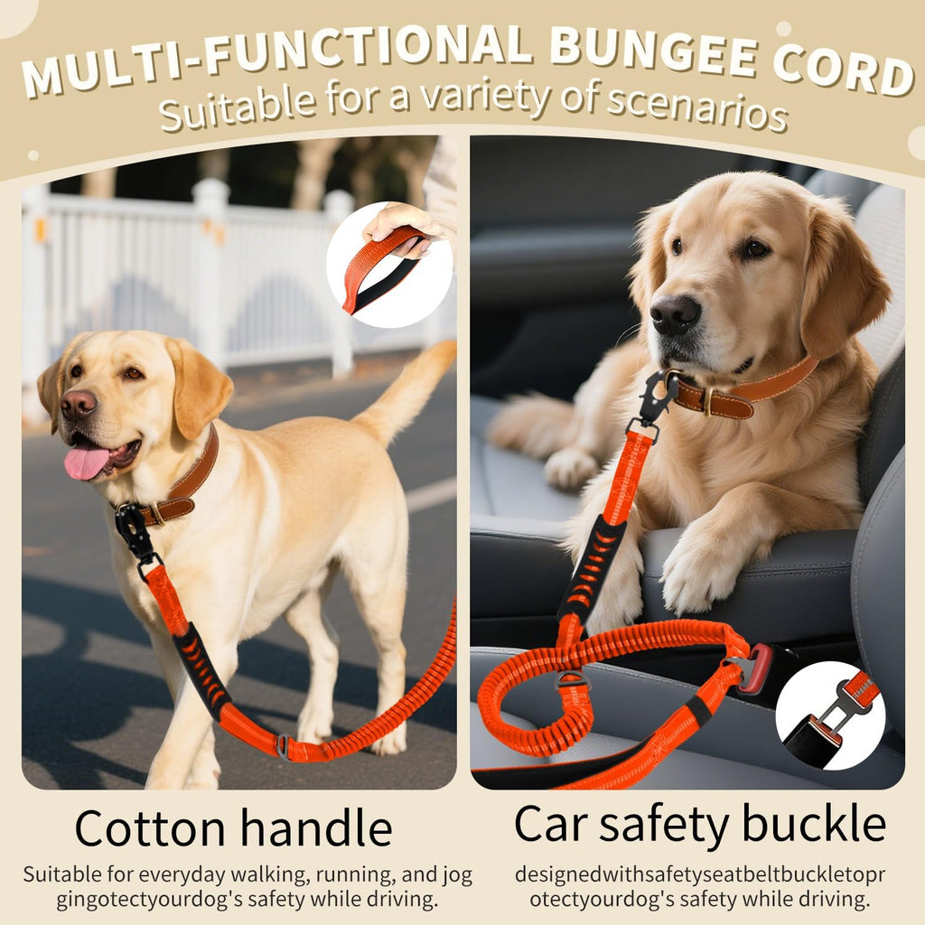 AIRUIDOG Heavy Duty Tactical Dog Leash - 4-6FT Shock Absorbing Bungee Lead with 2 Padded Handles, Metal Carabiner & Seatbelt Clip, Reflective No-Pull Leash for Medium/Large Dogs (Orange)