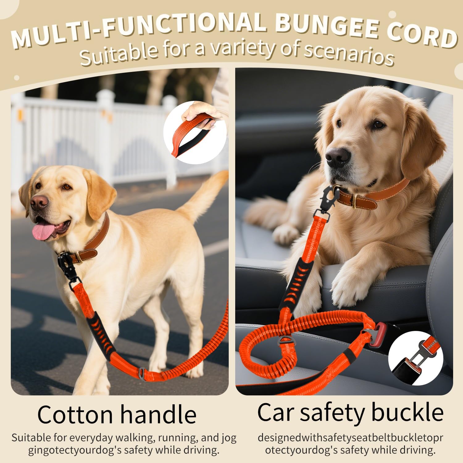AIRUIDOG Heavy Duty Tactical Dog Leash - 4-6FT Shock Absorbing Bungee Lead with 2 Padded Handles, Metal Carabiner & Seatbelt Clip, Reflective No-Pull Leash for Medium/Large Dogs (Orange)