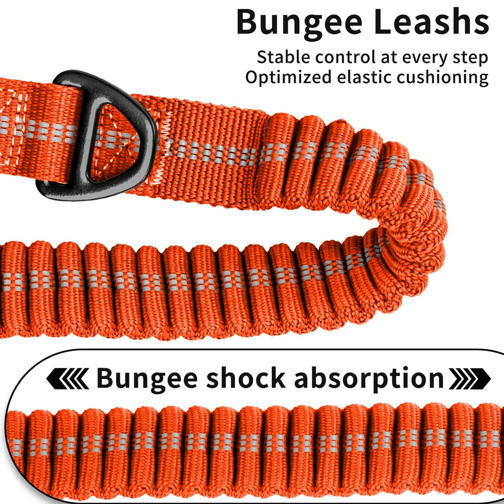 AIRUIDOG Heavy Duty Tactical Dog Leash - 4-6FT Shock Absorbing Bungee Lead with 2 Padded Handles, Metal Carabiner & Seatbelt Clip, Reflective No-Pull Leash for Medium/Large Dogs (Orange)
