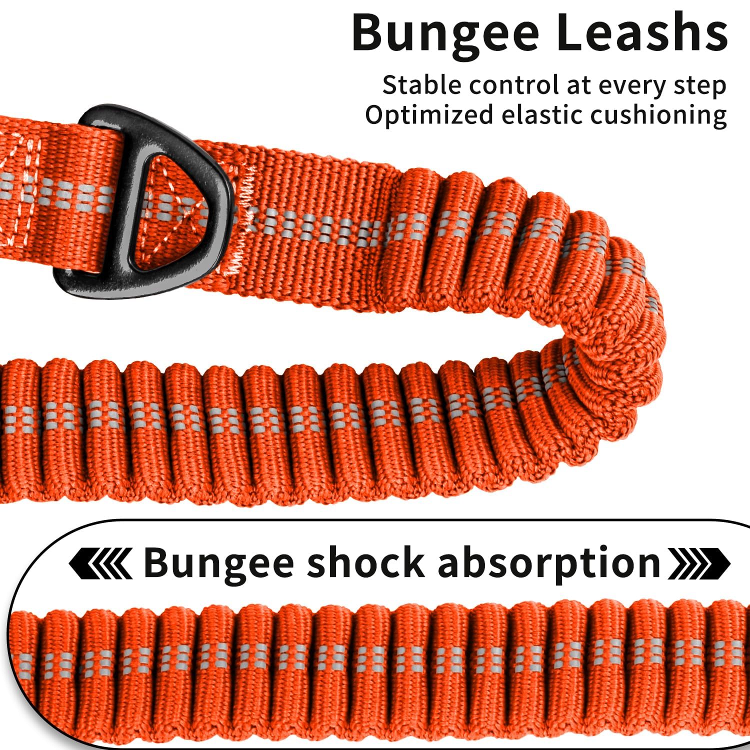 AIRUIDOG Heavy Duty Tactical Dog Leash - 4-6FT Shock Absorbing Bungee Lead with 2 Padded Handles, Metal Carabiner & Seatbelt Clip, Reflective No-Pull Leash for Medium/Large Dogs (Orange)