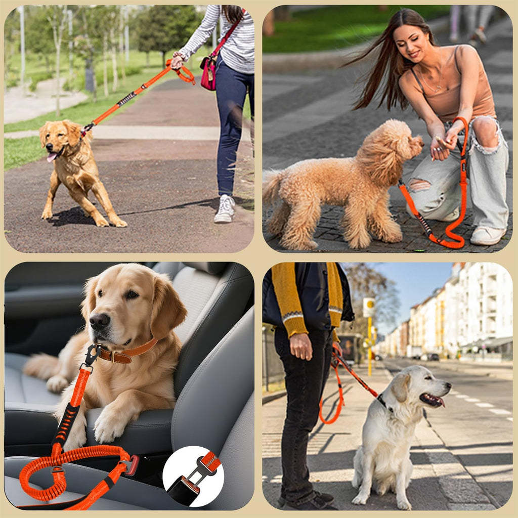 AIRUIDOG Heavy Duty Tactical Dog Leash - 4-6FT Shock Absorbing Bungee Lead with 2 Padded Handles, Metal Carabiner & Seatbelt Clip, Reflective No-Pull Leash for Medium/Large Dogs (Orange)