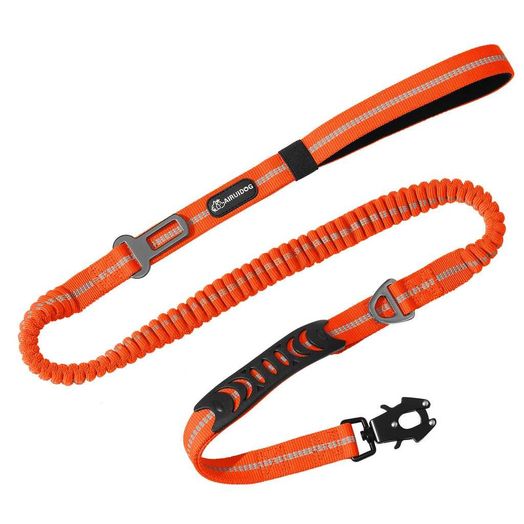 AIRUIDOG Heavy Duty Tactical Dog Leash - 4-6FT Shock Absorbing Bungee Lead with 2 Padded Handles, Metal Carabiner & Seatbelt Clip, Reflective No-Pull Leash for Medium/Large Dogs (Orange)