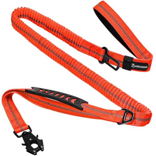 AIRUIDOG Heavy Duty Tactical Dog Leash - 4-6FT Shock Absorbing Bungee Lead with 2 Padded Handles, Metal Carabiner & Seatbelt Clip, Reflective No-Pull Leash for Medium/Large Dogs (Orange)