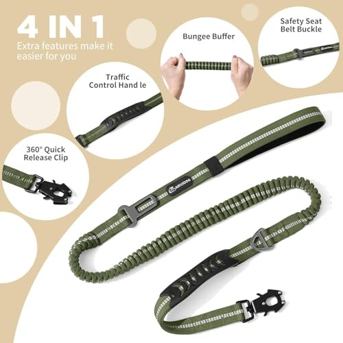 AIRUIDOG Heavy Duty Tactical Dog Leash 4-6FT - Shock Absorbing Bungee with 2 Padded Handles, 360° Frog Clip, Reflective No-Pull Leash for Medium/Large Dogs (Army Green)