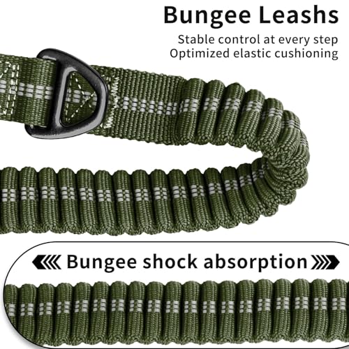 AIRUIDOG Heavy Duty Tactical Dog Leash 4-6FT - Shock Absorbing Bungee with 2 Padded Handles, 360° Frog Clip, Reflective No-Pull Leash for Medium/Large Dogs (Army Green)