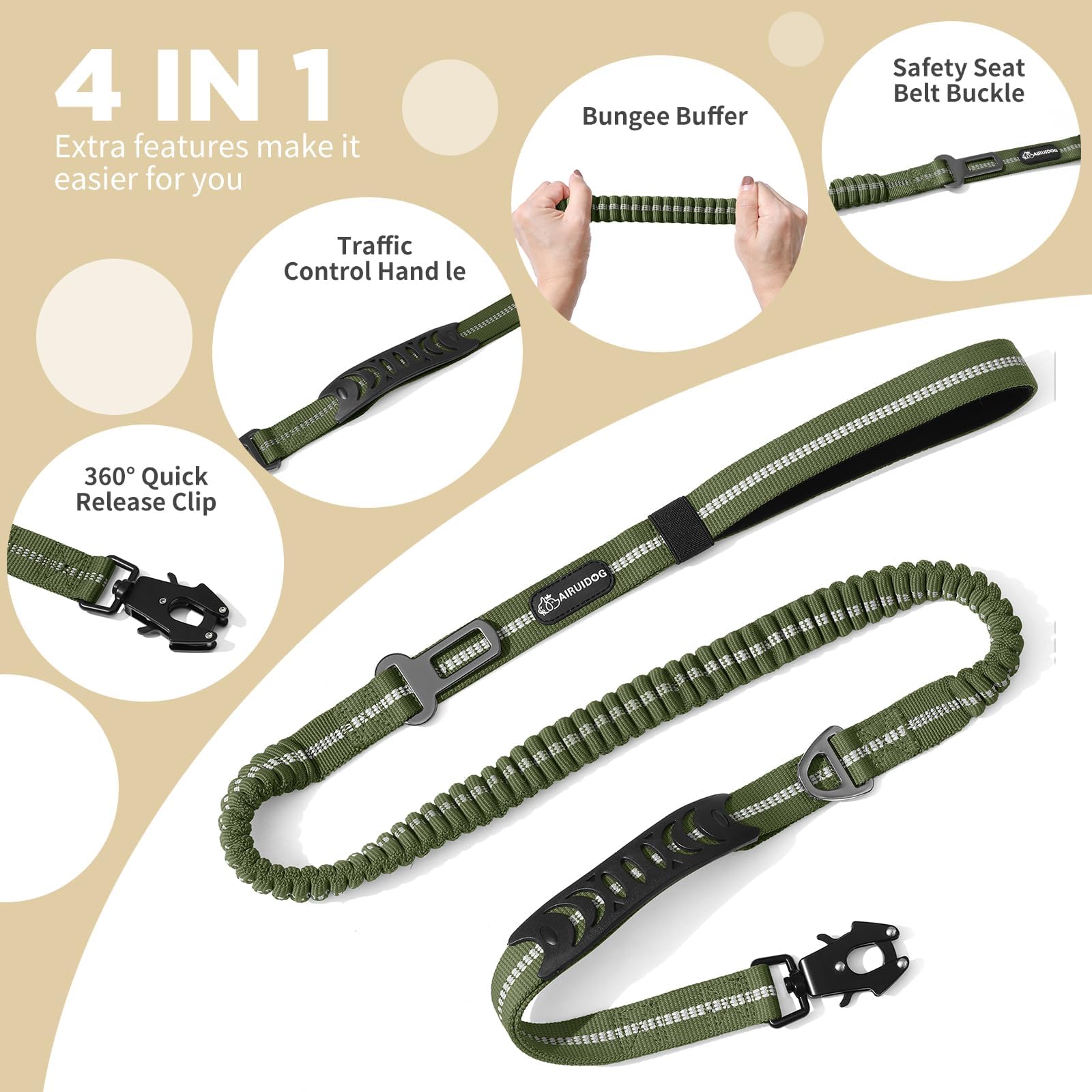 AIRUIDOG Heavy Duty Tactical Dog Leash 4-6FT - Shock Absorbing Bungee with 2 Padded Handles, 360° Frog Clip, Reflective No-Pull Leash for Medium/Large Dogs (Army Green)