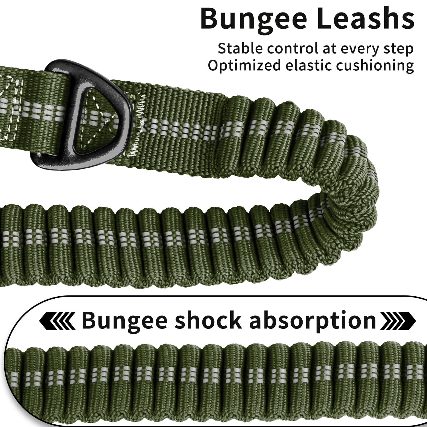 AIRUIDOG Heavy Duty Tactical Dog Leash 4-6FT - Shock Absorbing Bungee with 2 Padded Handles, 360° Frog Clip, Reflective No-Pull Leash for Medium/Large Dogs (Army Green)