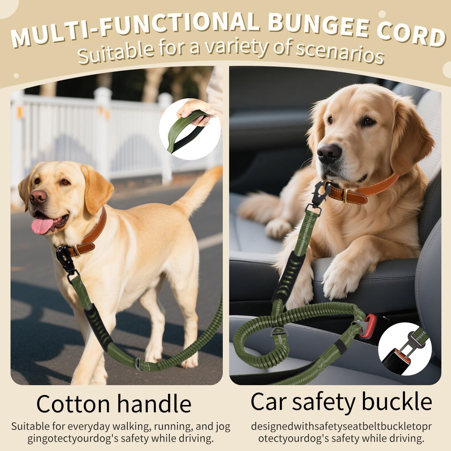AIRUIDOG Heavy Duty Tactical Dog Leash 4-6FT - Shock Absorbing Bungee with 2 Padded Handles, 360° Frog Clip, Reflective No-Pull Leash for Medium/Large Dogs (Army Green)