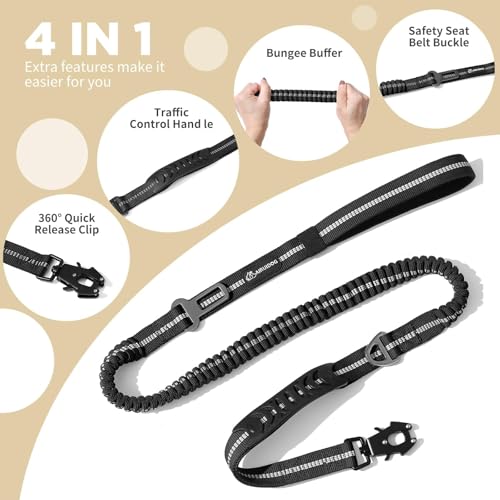 AIRUIDOG Heavy Duty Tactical Dog Leash, 4-6FT Shock Absorbing Bungee with 2 Padded Handles, Reflective No-Pull for Medium/Large Dogs