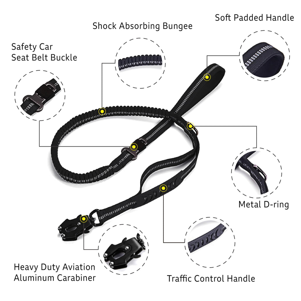 AIRUIDOG Heavy Duty Tactical Dog Leash, 4-6FT Shock Absorbing Bungee with 2 Padded Handles, Reflective No-Pull for Medium/Large Dogs