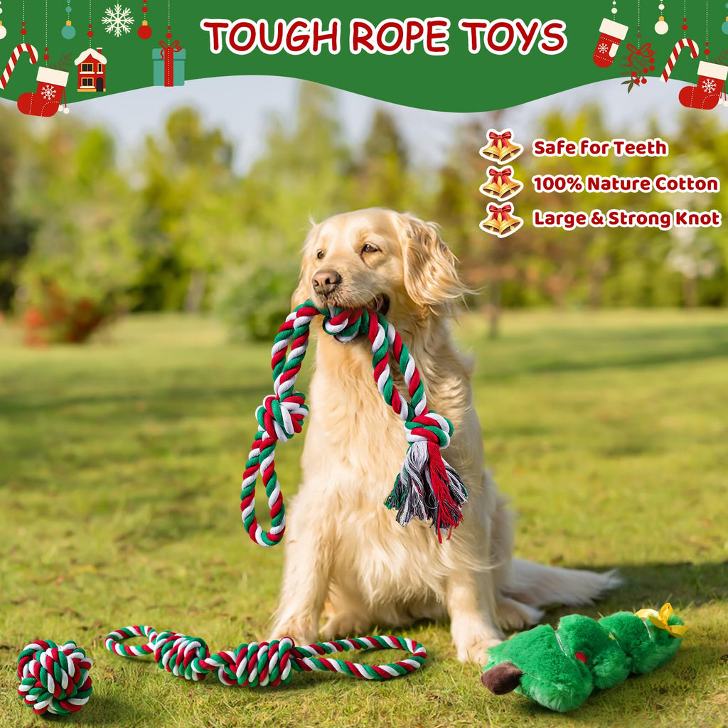Aitmexcn 7-Piece Dog Rope Toy Set for Large & Small Dogs – Cotton Rope Balls, Rings, Squeaky Christmas Toys for Chewing and Teeth Cleaning