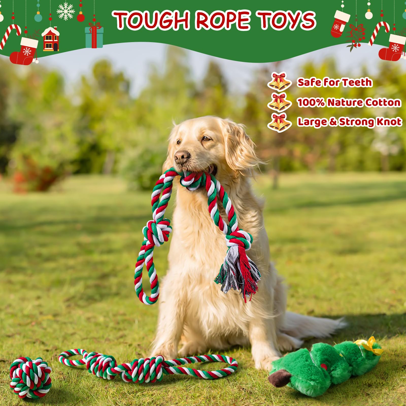 Aitmexcn 7-Piece Dog Rope Toy Set for Large & Small Dogs – Cotton Rope Balls, Rings, Squeaky Christmas Toys for Chewing and Teeth Cleaning