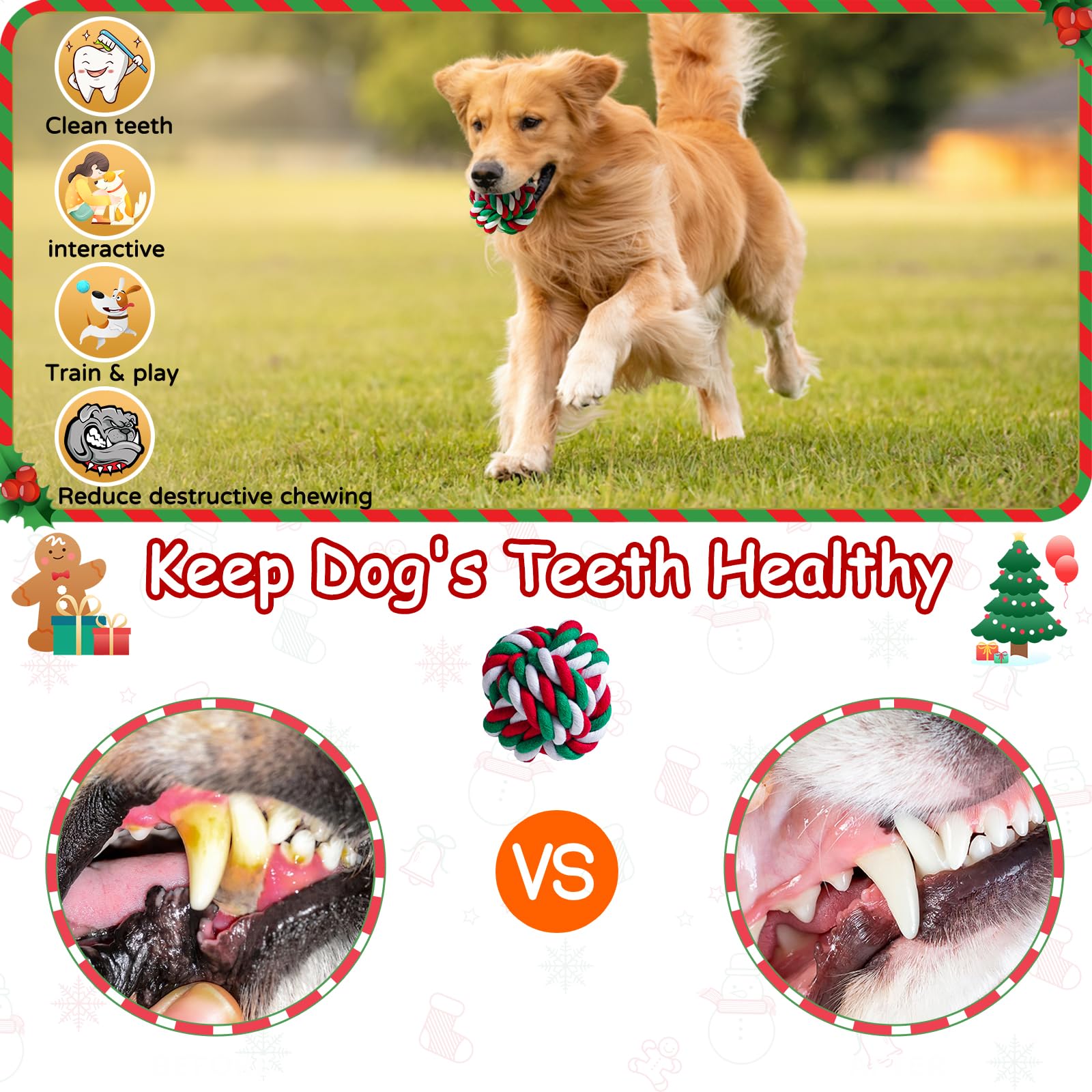 Aitmexcn 7-Piece Dog Rope Toy Set for Large & Small Dogs – Cotton Rope Balls, Rings, Squeaky Christmas Toys for Chewing and Teeth Cleaning