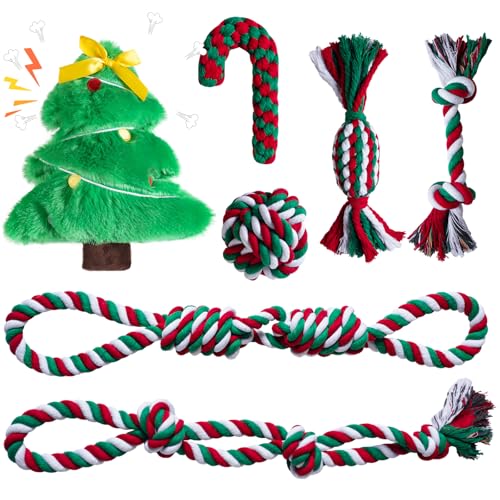 Aitmexcn 7-Piece Dog Rope Toy Set for Large & Small Dogs – Cotton Rope Balls, Rings, Squeaky Christmas Toys for Chewing and Teeth Cleaning