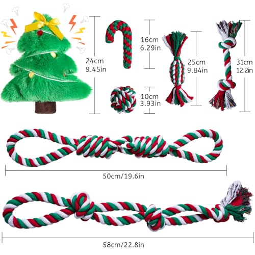 Aitmexcn 7-Piece Dog Rope Toy Set for Large & Small Dogs – Cotton Rope Balls, Rings, Squeaky Christmas Toys for Chewing and Teeth Cleaning