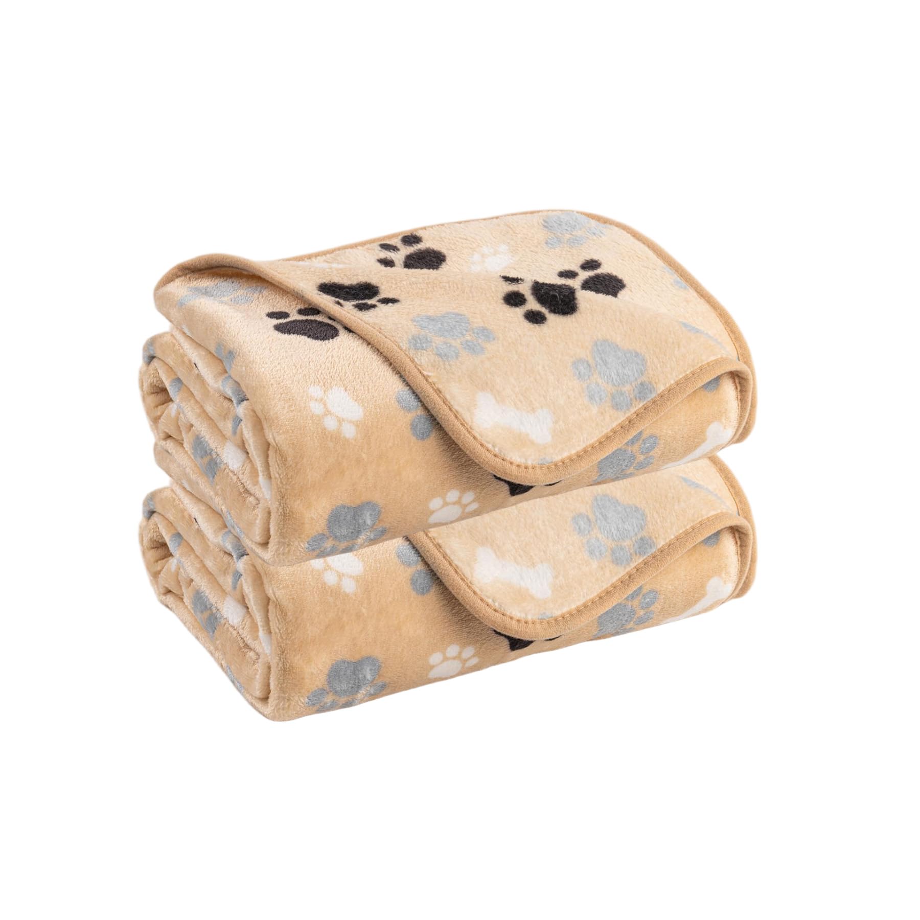 AIWEK 2-Pack Beige Paw Bone Pattern Pet Blanket – 40x30 Inch Super Soft Flannel, Urine-Proof & Machine Washable for Dogs and Cats