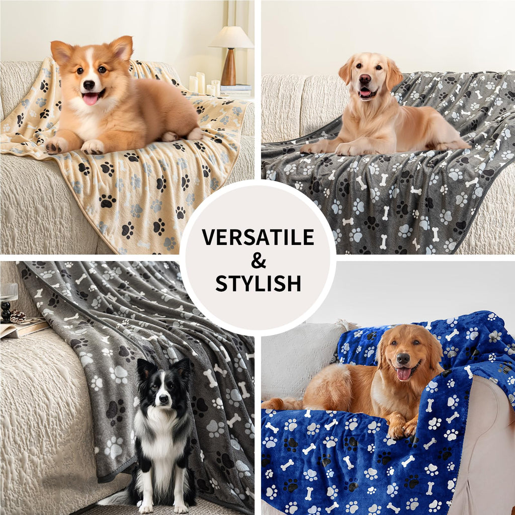AIWEK 2-Pack Beige Paw Bone Pattern Pet Blanket – 40x30 Inch Super Soft Flannel, Urine-Proof & Machine Washable for Dogs and Cats