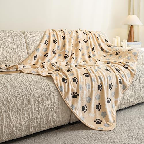 AIWEK 2-Pack Beige Paw Bone Pattern Pet Blanket – 40x30 Inch Super Soft Flannel, Urine-Proof & Machine Washable for Dogs and Cats